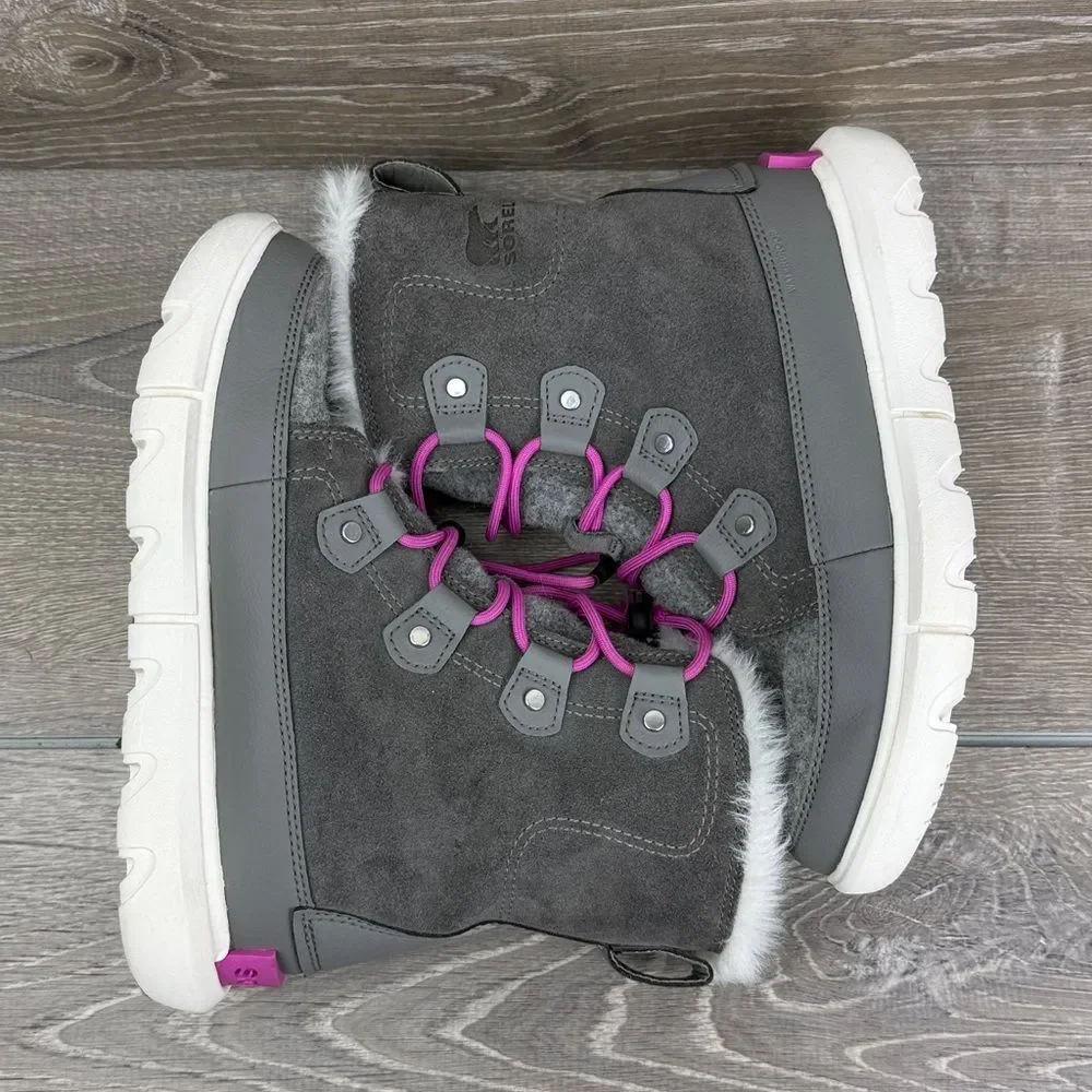 Sorel Youth Explorer Lace Quarry Gray Lavender Waterproof Big Girl Sz 4 Boots